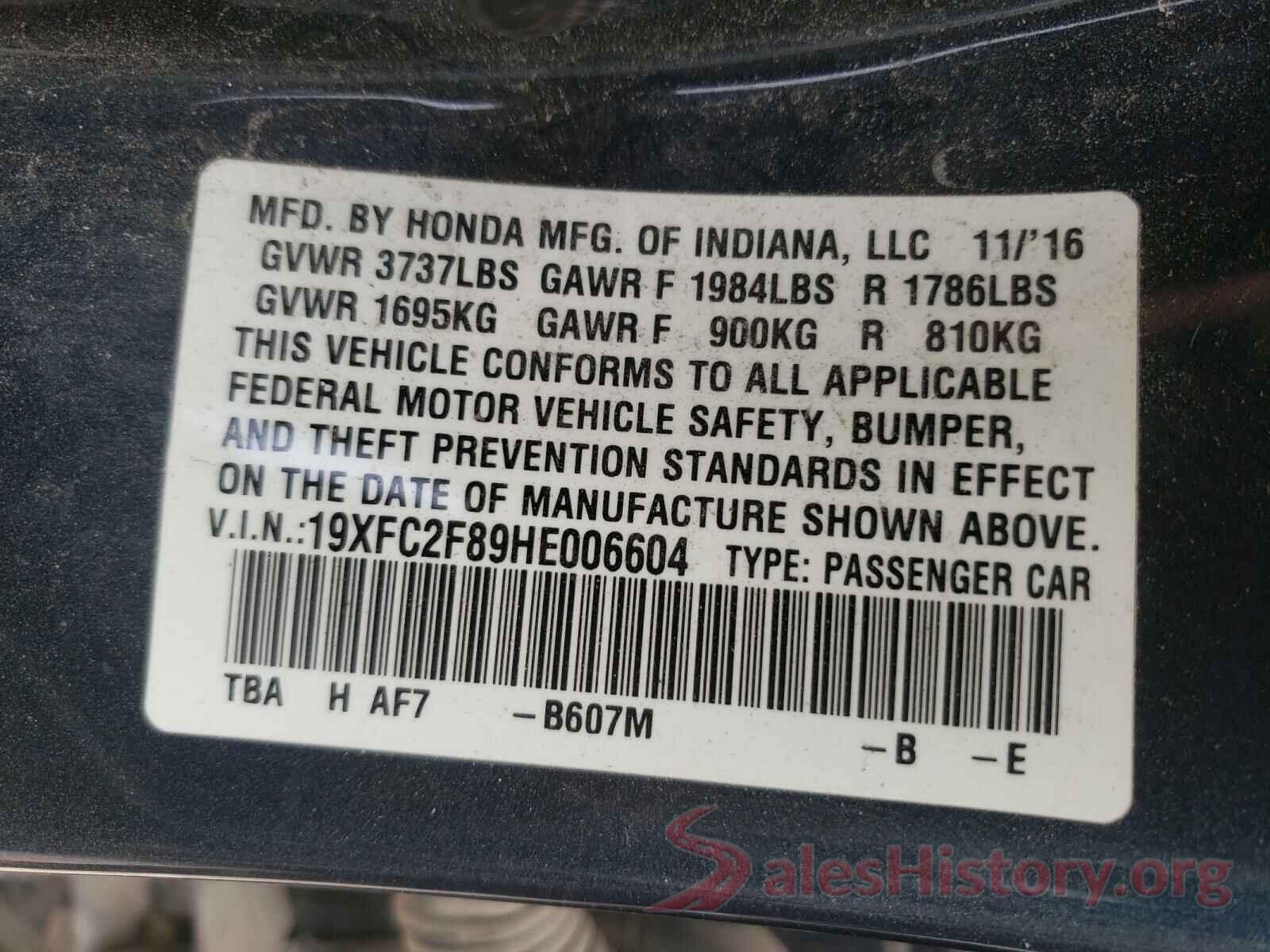 19XFC2F89HE006604 2017 HONDA CIVIC