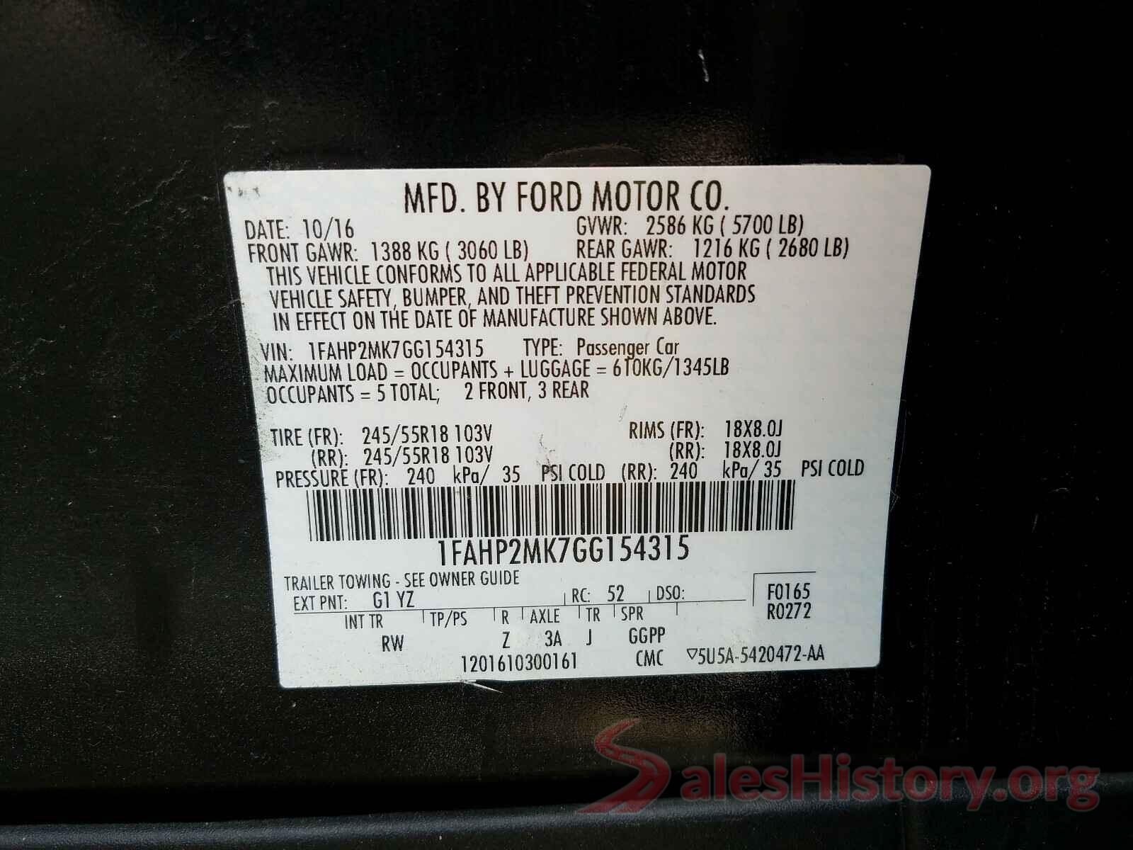 1FAHP2MK7GG154315 2016 FORD TAURUS