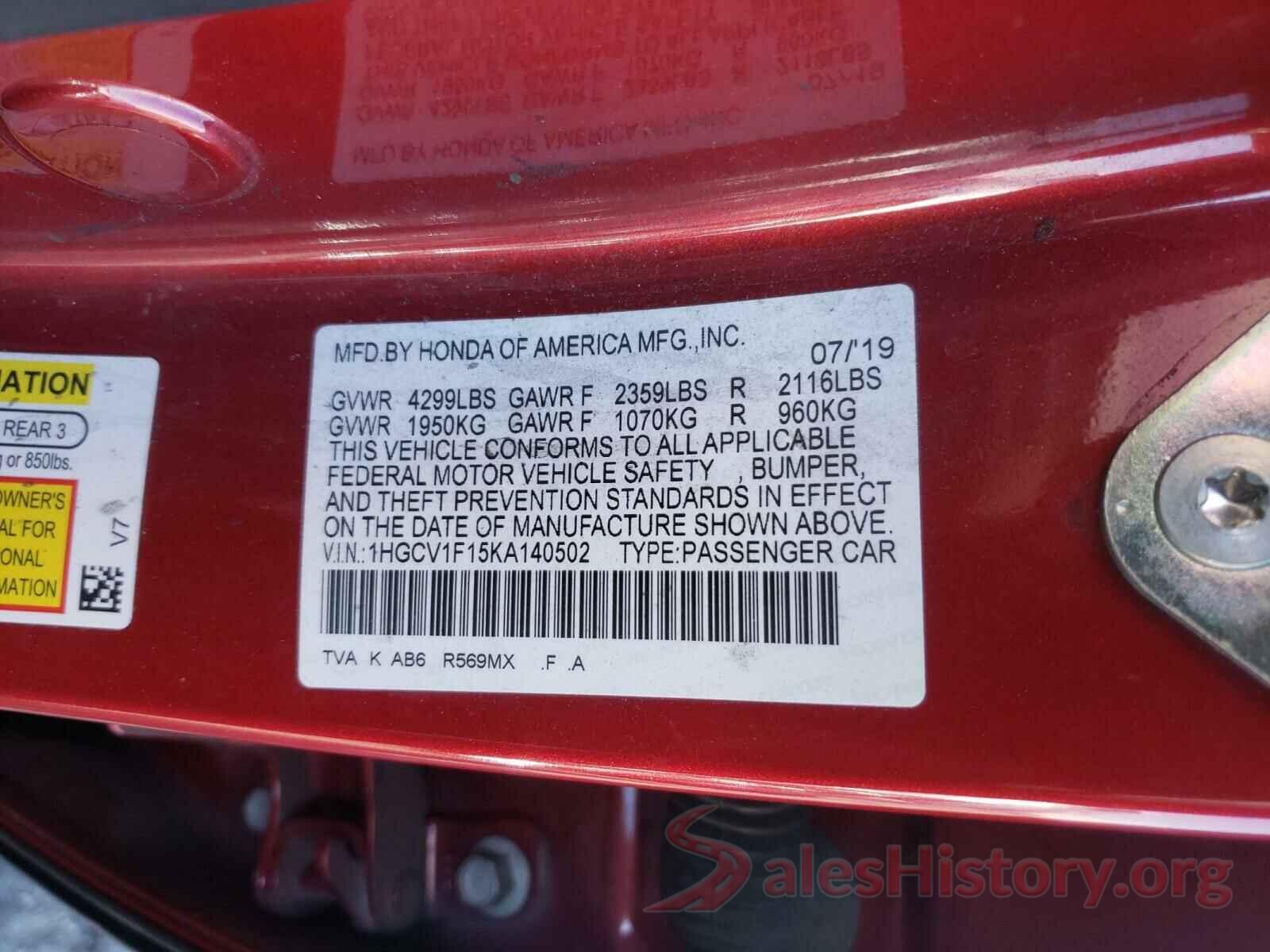 1HGCV1F15KA140502 2019 HONDA ACCORD