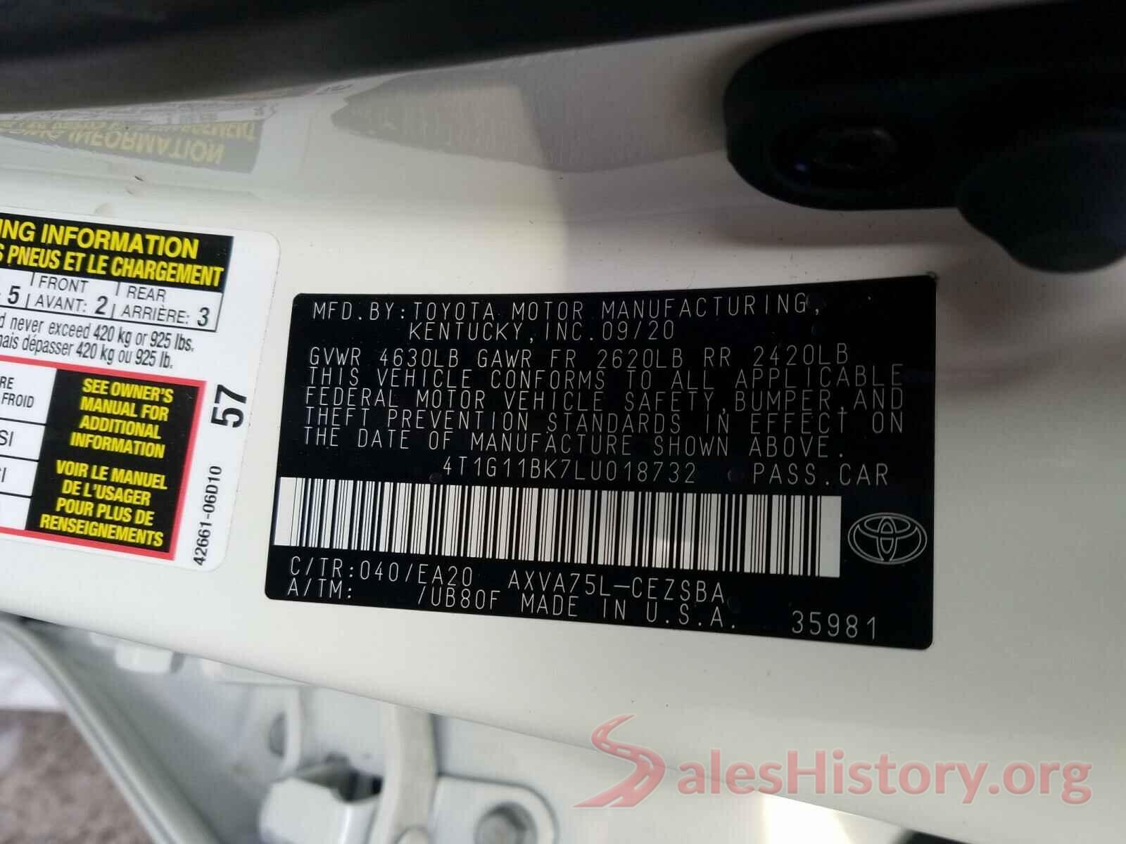 4T1G11BK7LU018732 2020 TOYOTA CAMRY