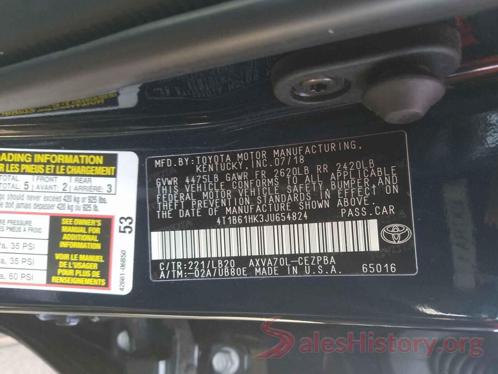 4T1B61HK3JU654824 2018 TOYOTA CAMRY