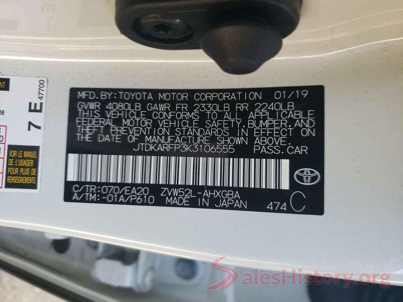 JTDKARFP3K3106555 2019 TOYOTA PRIUS