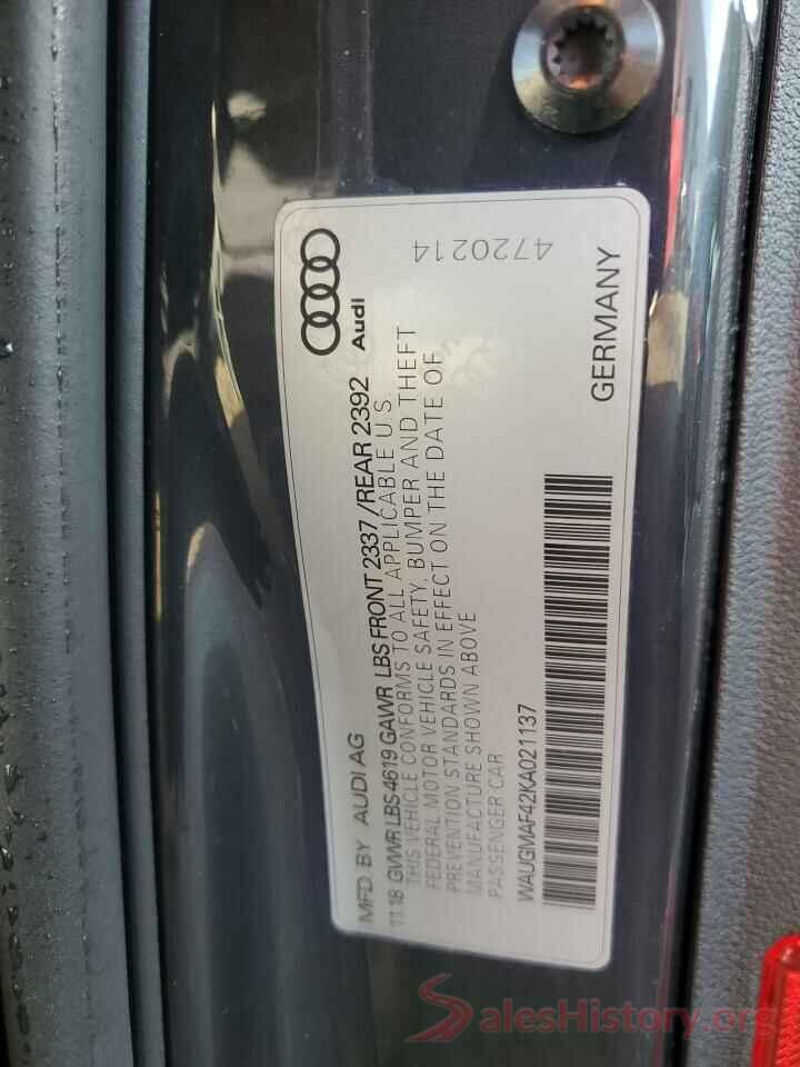 WAUGMAF42KA021137 2019 AUDI A4