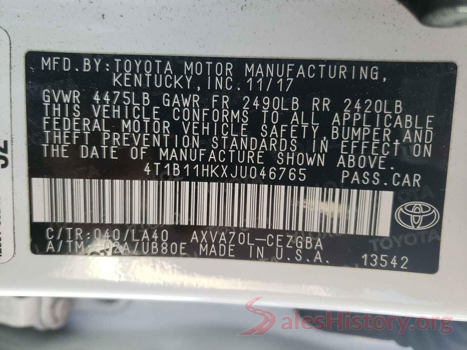 4T1B11HKXJU046765 2018 TOYOTA CAMRY