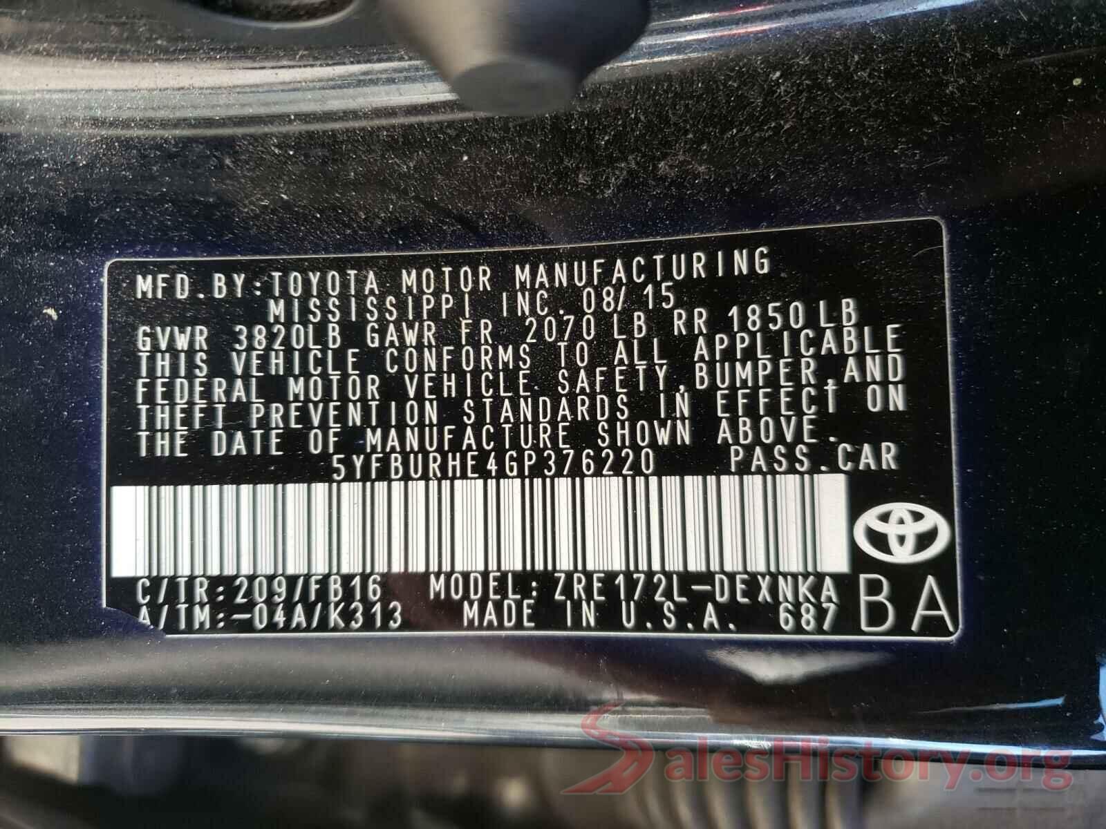 5YFBURHE4GP376220 2016 TOYOTA COROLLA