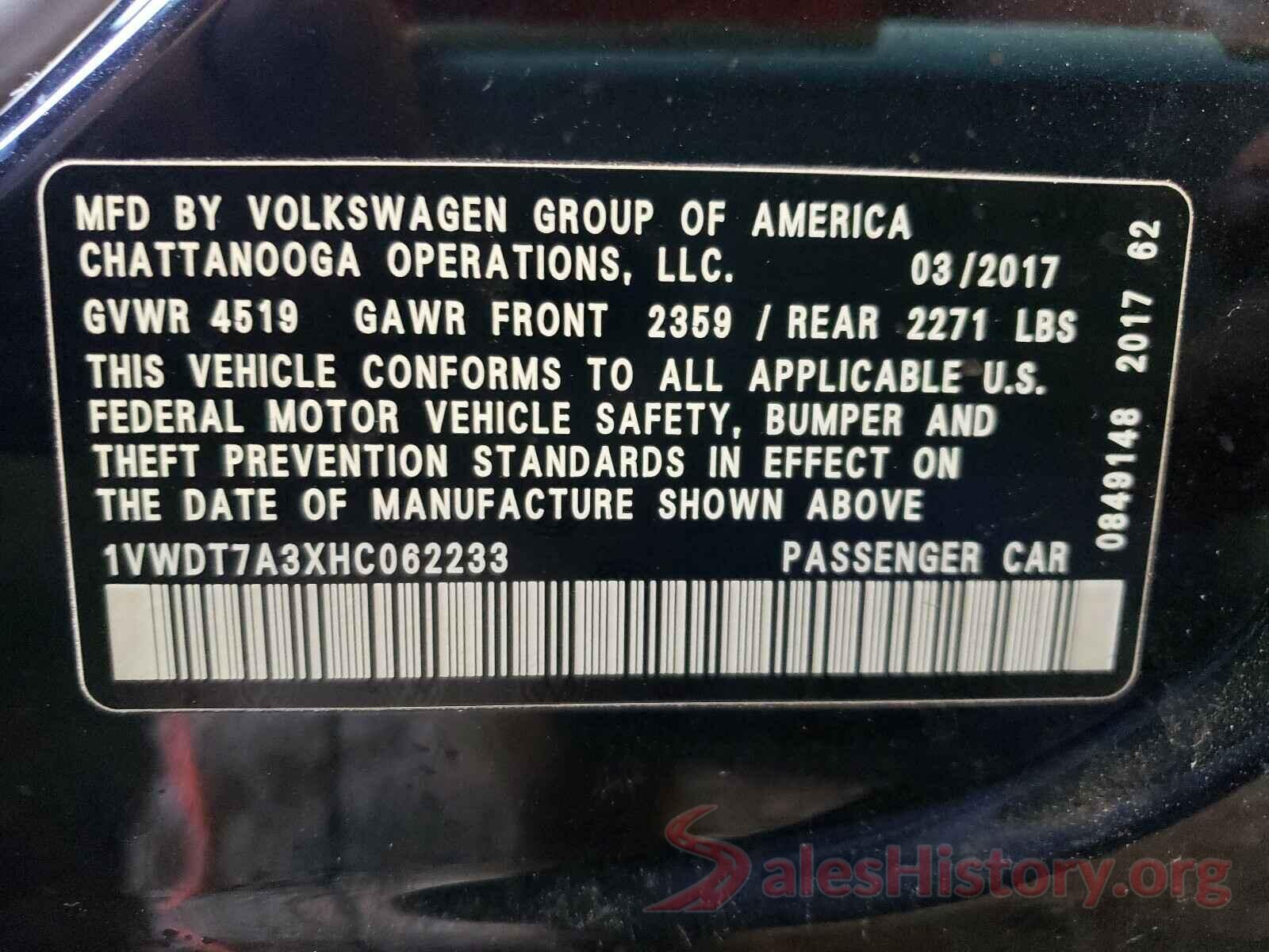 1VWDT7A3XHC062233 2017 VOLKSWAGEN PASSAT