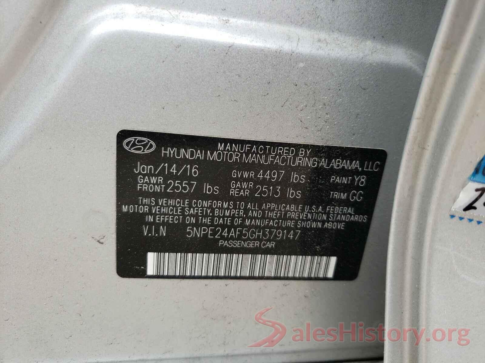 5NPE24AF5GH379147 2016 HYUNDAI SONATA