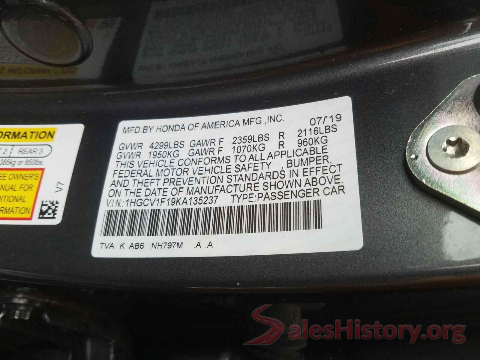 1HGCV1F19KA135237 2019 HONDA ACCORD