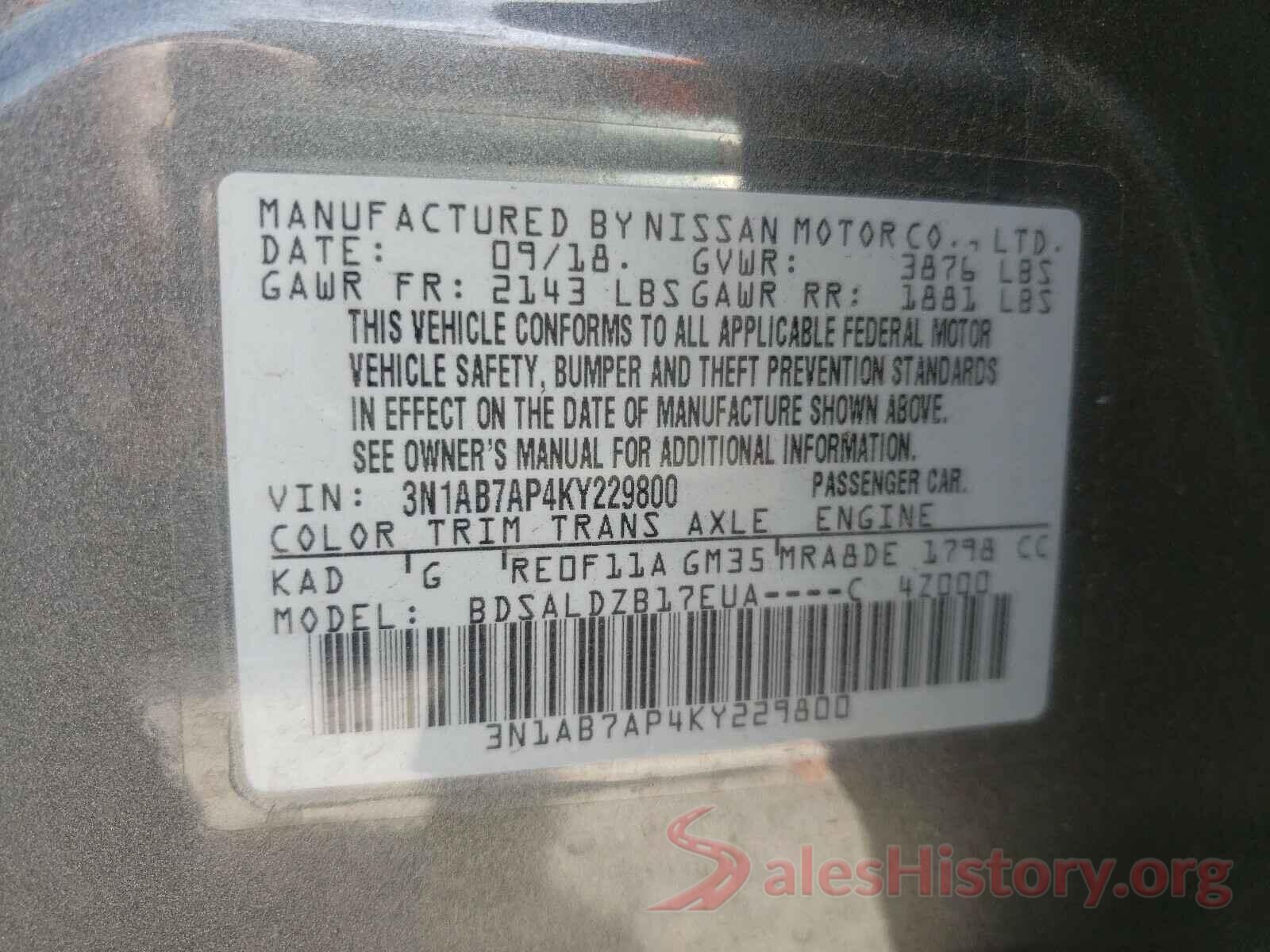 3N1AB7AP4KY229800 2019 NISSAN SENTRA