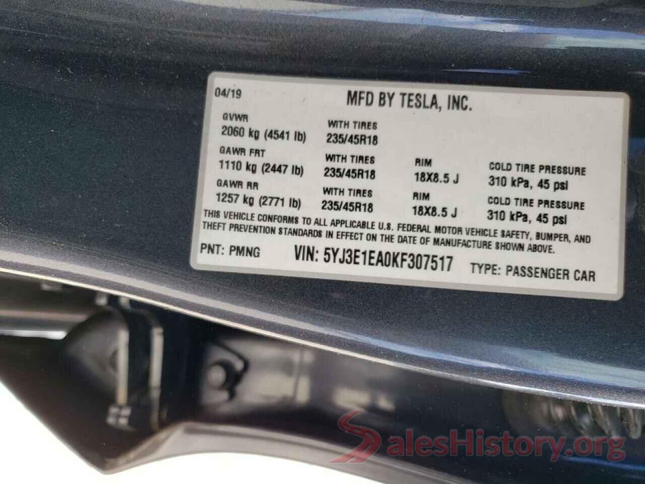 5YJ3E1EA0KF307517 2019 TESLA MODEL 3