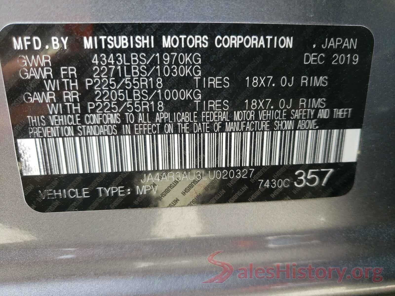 JA4AR3AU3LU020327 2020 MITSUBISHI OUTLANDER