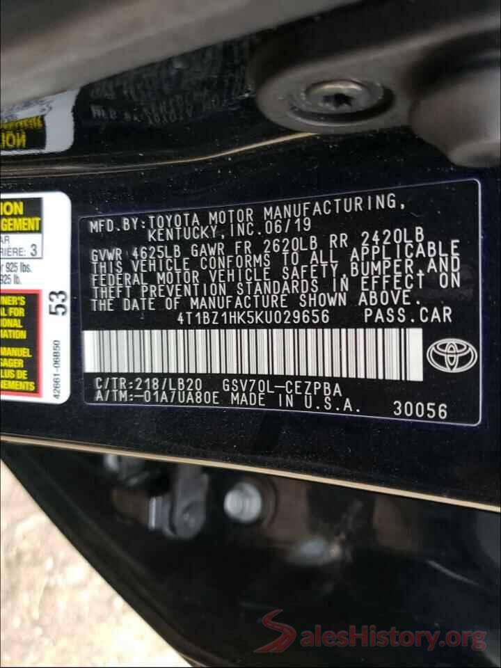 4T1BZ1HK5KU029656 2019 TOYOTA CAMRY