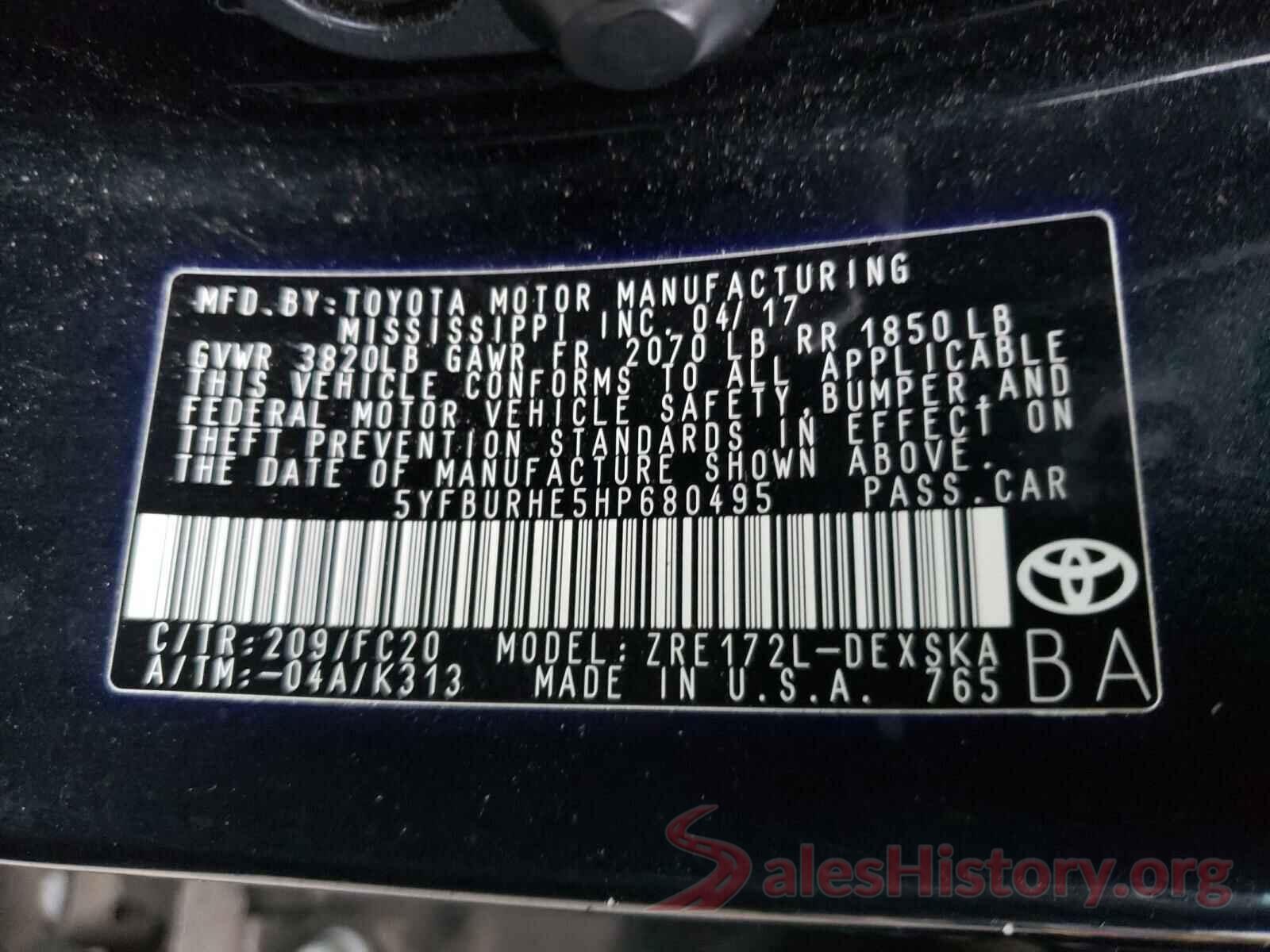 5YFBURHE5HP680495 2017 TOYOTA COROLLA