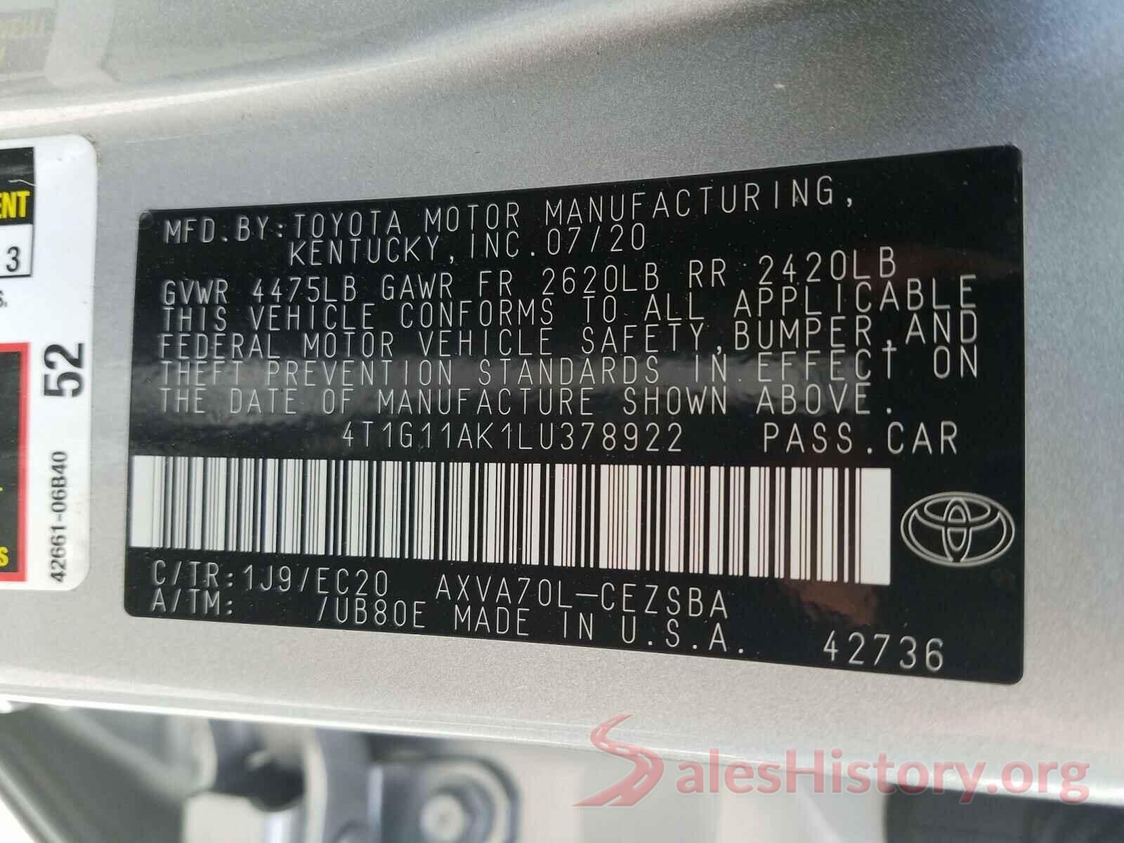 4T1G11AK1LU378922 2020 TOYOTA CAMRY