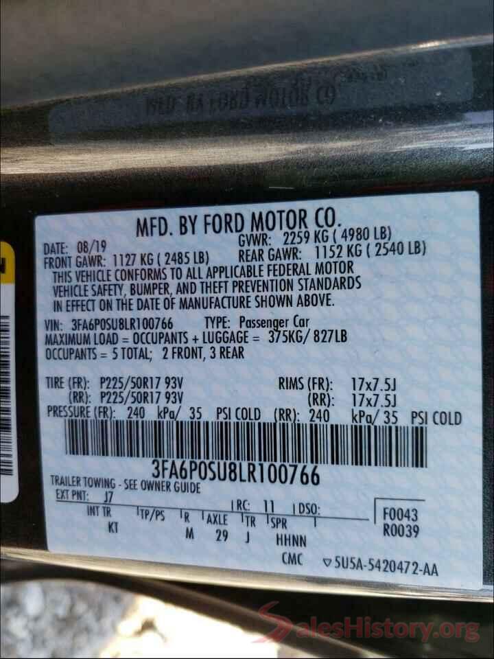 3FA6P0SU8LR100766 2020 FORD FUSION