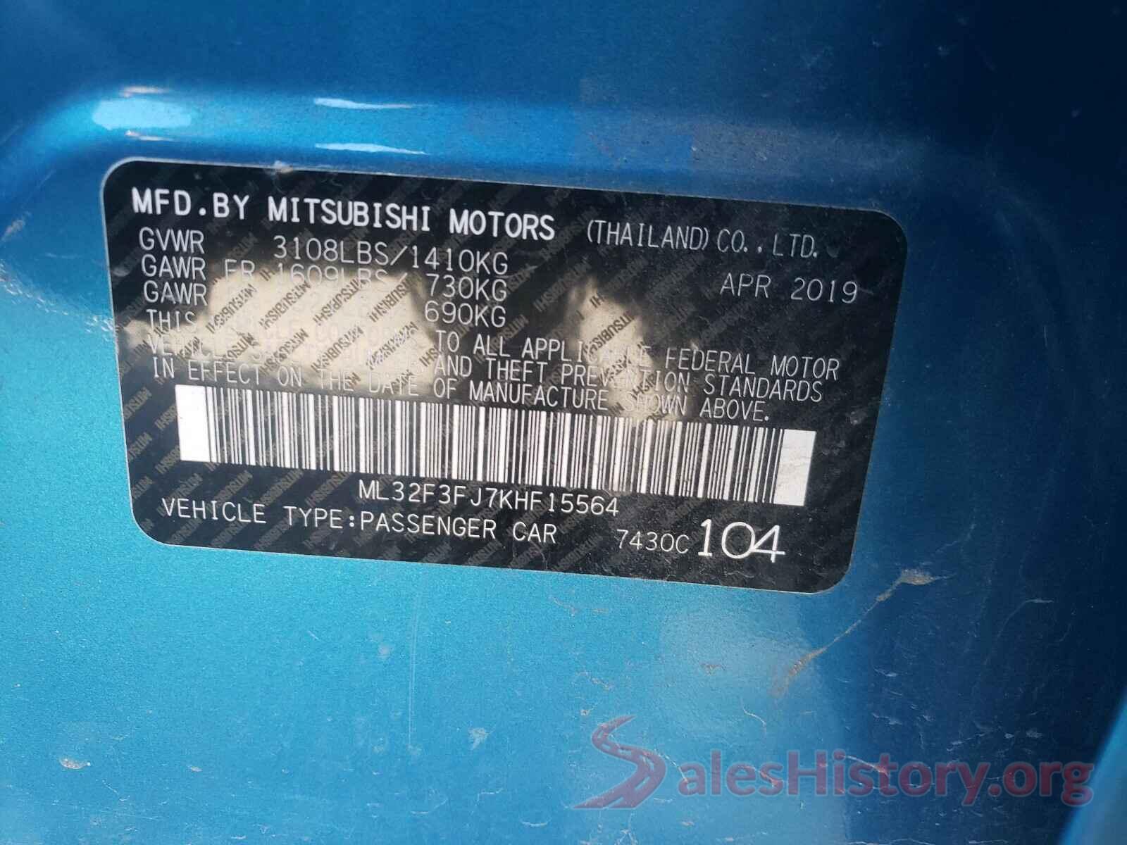 ML32F3FJ7KHF15564 2019 MITSUBISHI MIRAGE