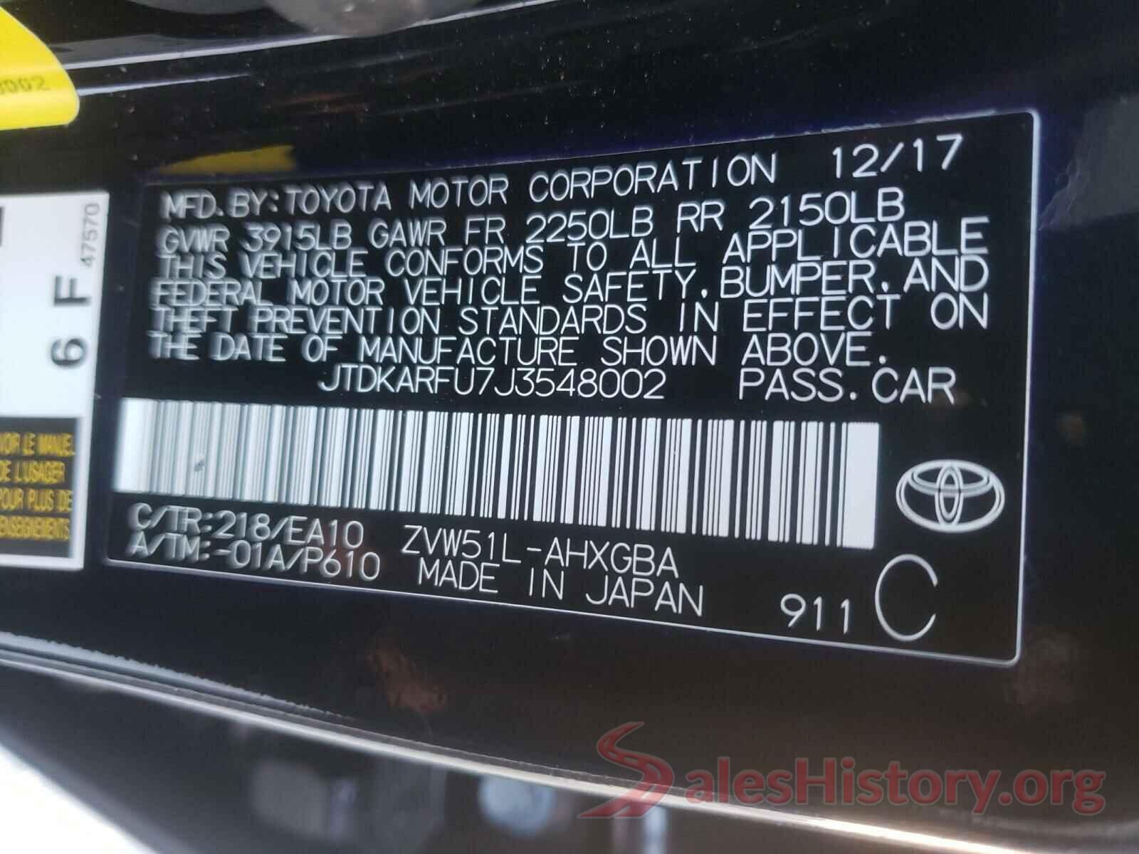 JTDKARFU7J3548002 2018 TOYOTA PRIUS