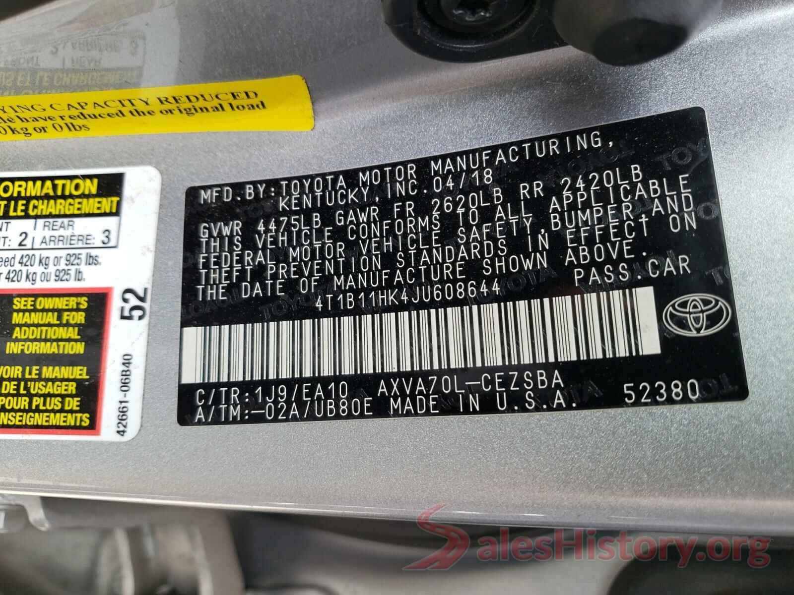 4T1B11HK4JU608644 2018 TOYOTA CAMRY