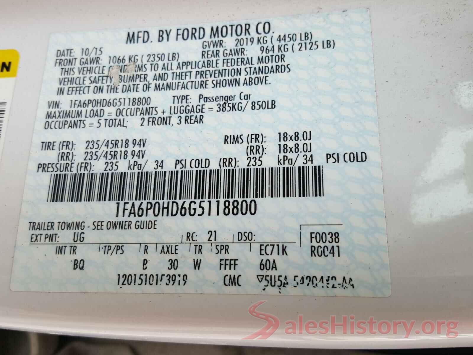 1FA6P0HD6G5118800 2016 FORD FUSION