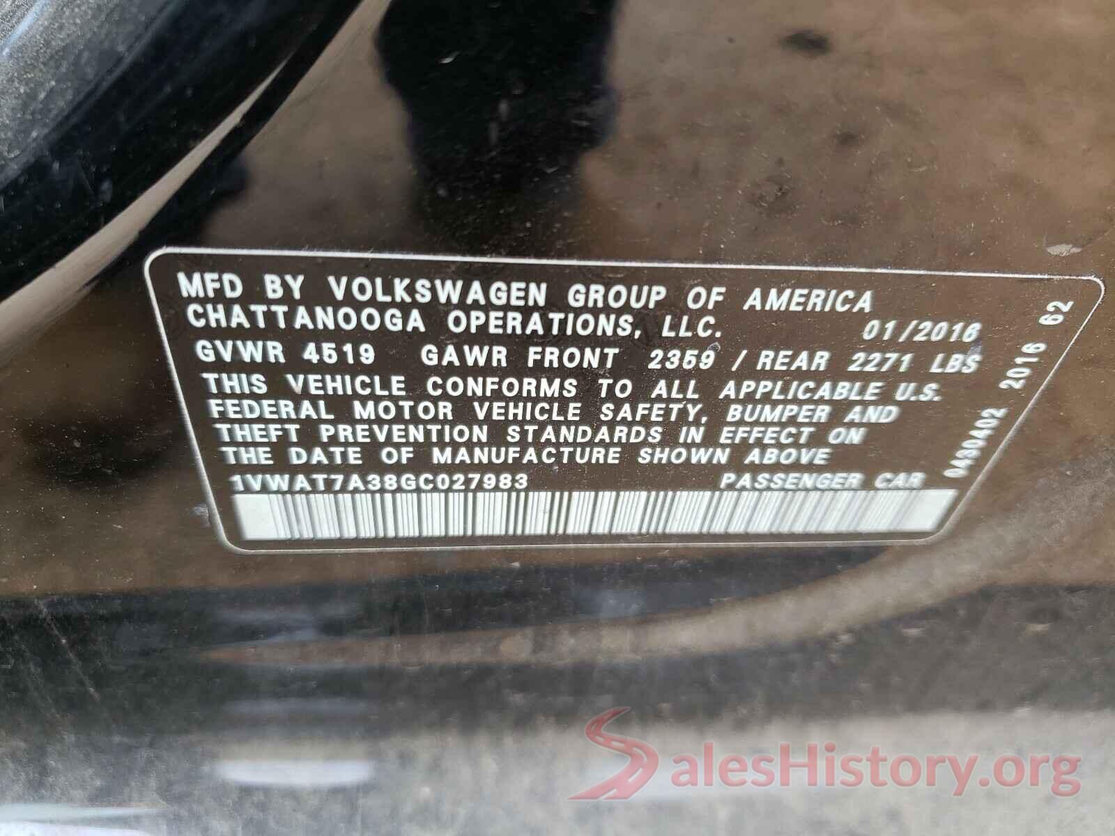 1VWAT7A38GC027983 2016 VOLKSWAGEN PASSAT