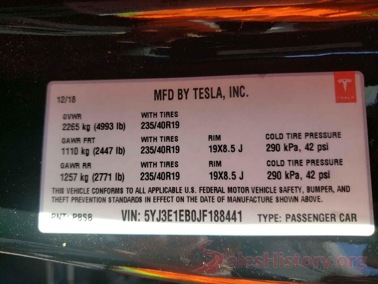 5YJ3E1EB0JF188441 2018 TESLA MODEL 3