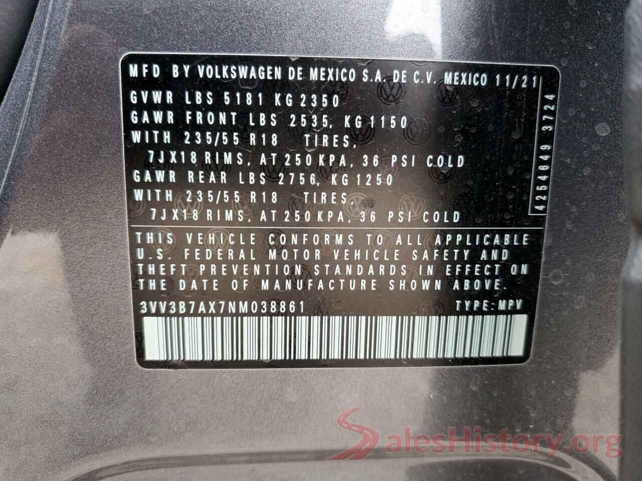 3VV3B7AX7NM038861 2022 VOLKSWAGEN TIGUAN