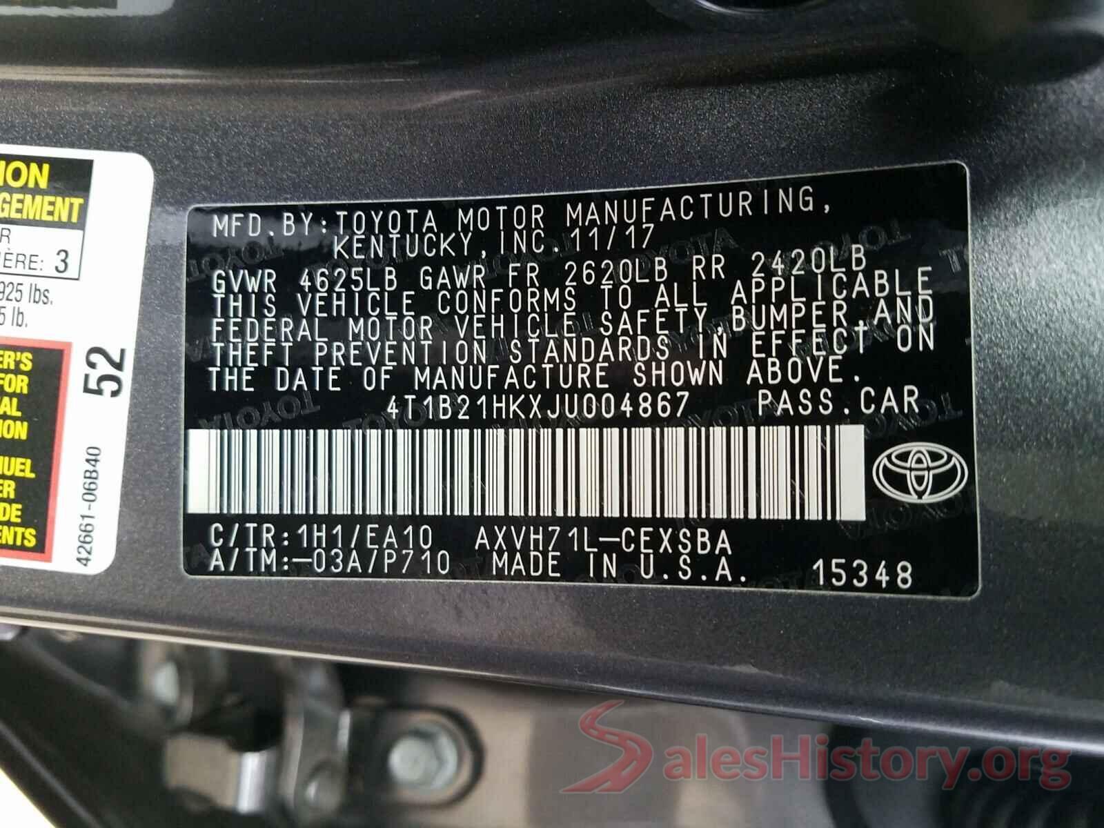 4T1B21HKXJU004867 2018 TOYOTA CAMRY