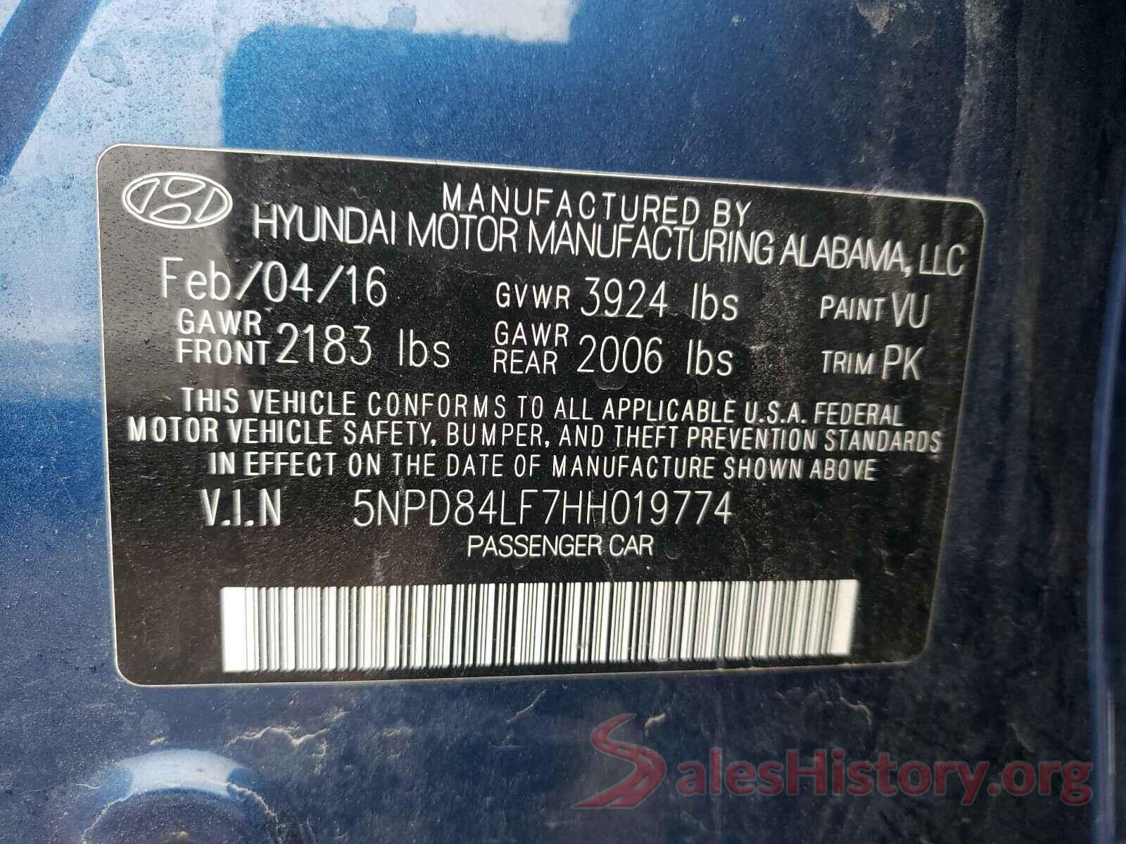 5NPD84LF7HH019774 2017 HYUNDAI ELANTRA