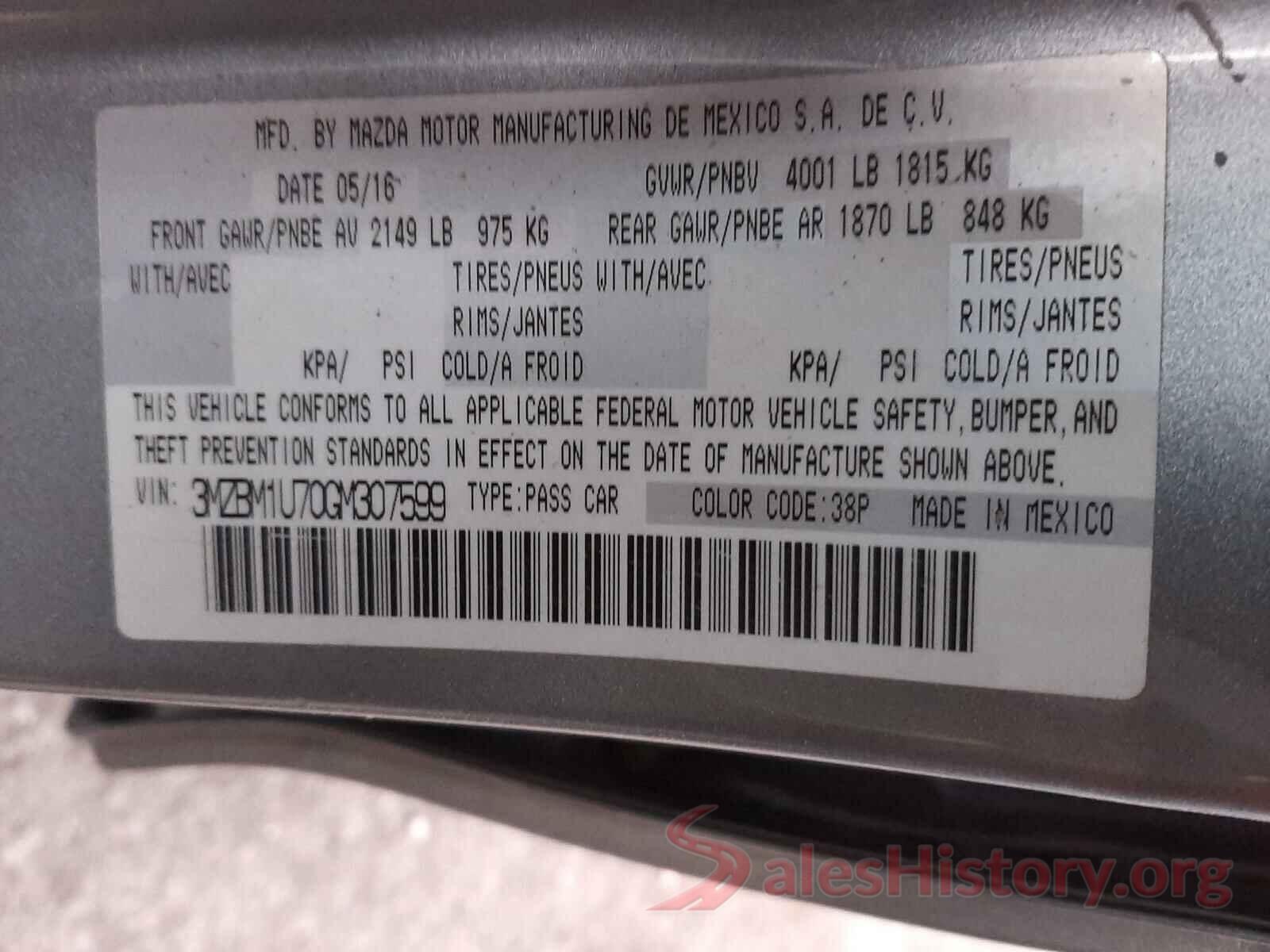 3MZBM1U70GM307599 2016 MAZDA 3