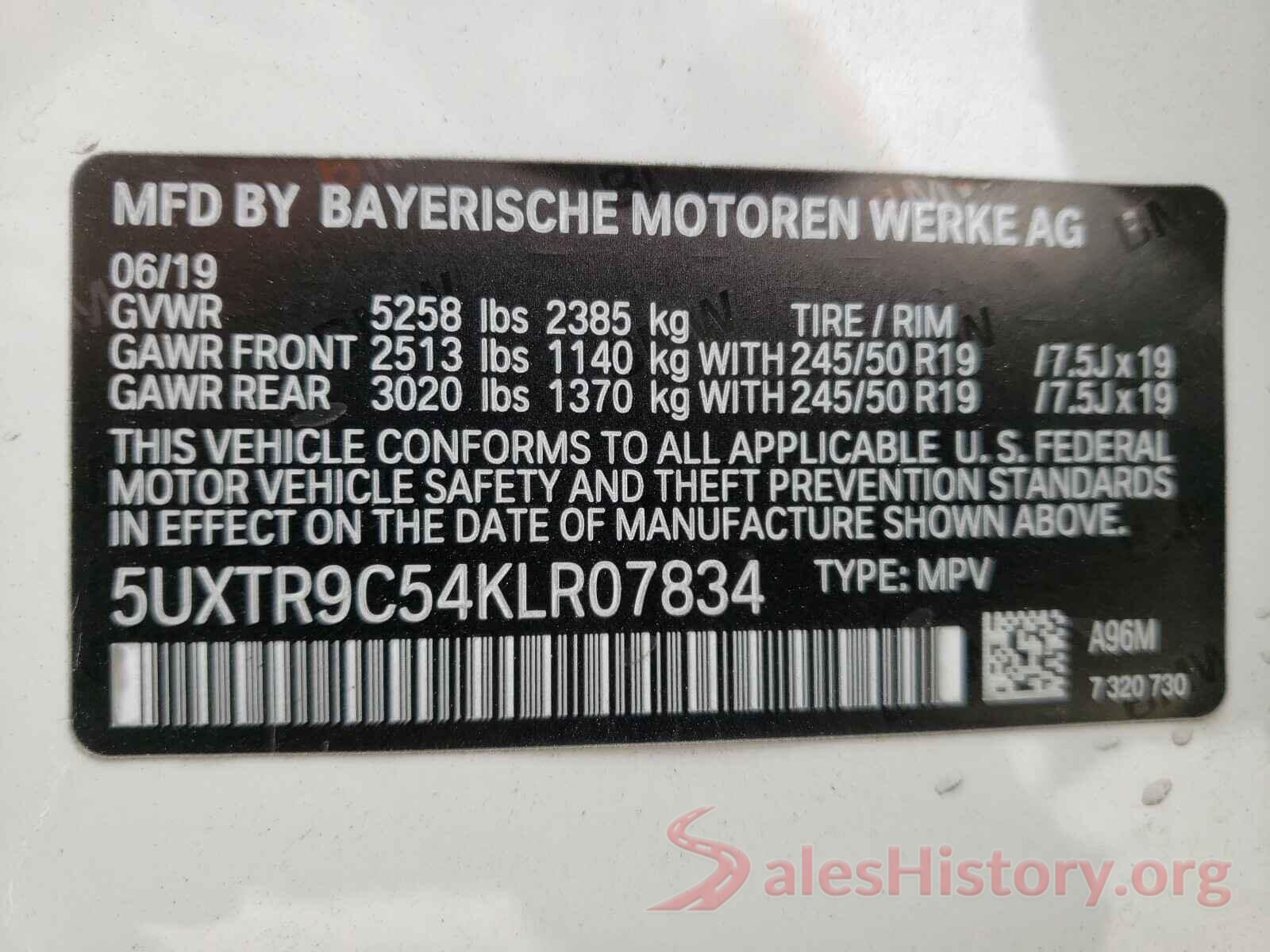 5UXTR9C54KLR07834 2019 BMW X3