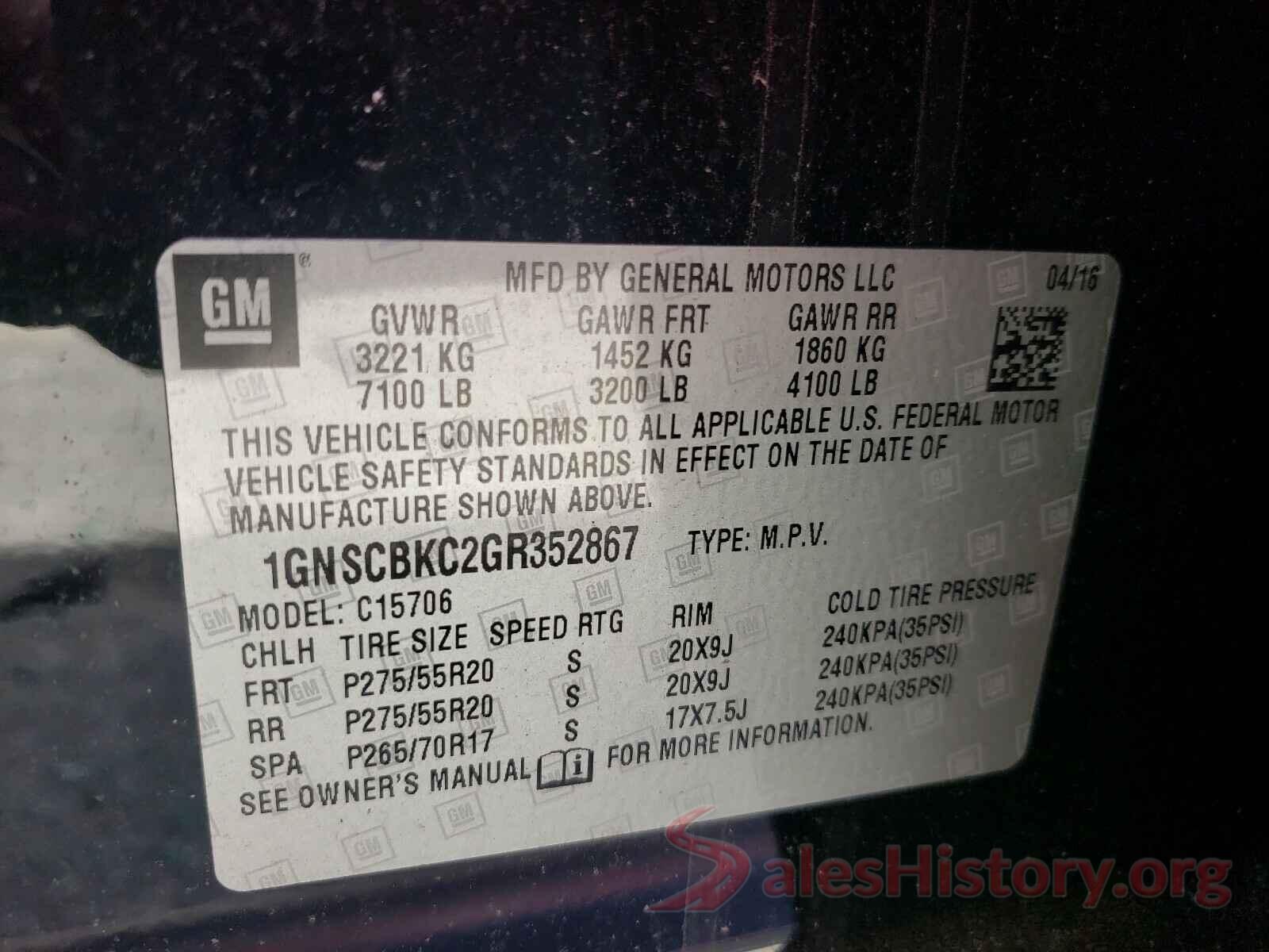 1GNSCBKC2GR352867 2016 CHEVROLET TAHOE