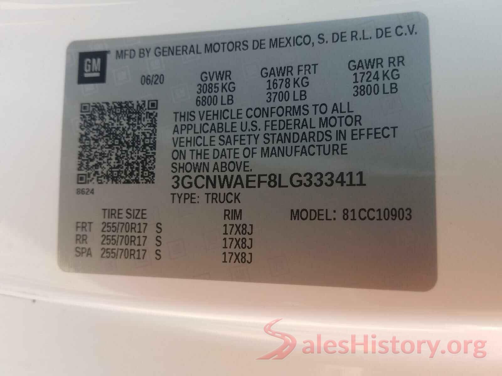 3GCNWAEF8LG333411 2020 CHEVROLET SILVERADO