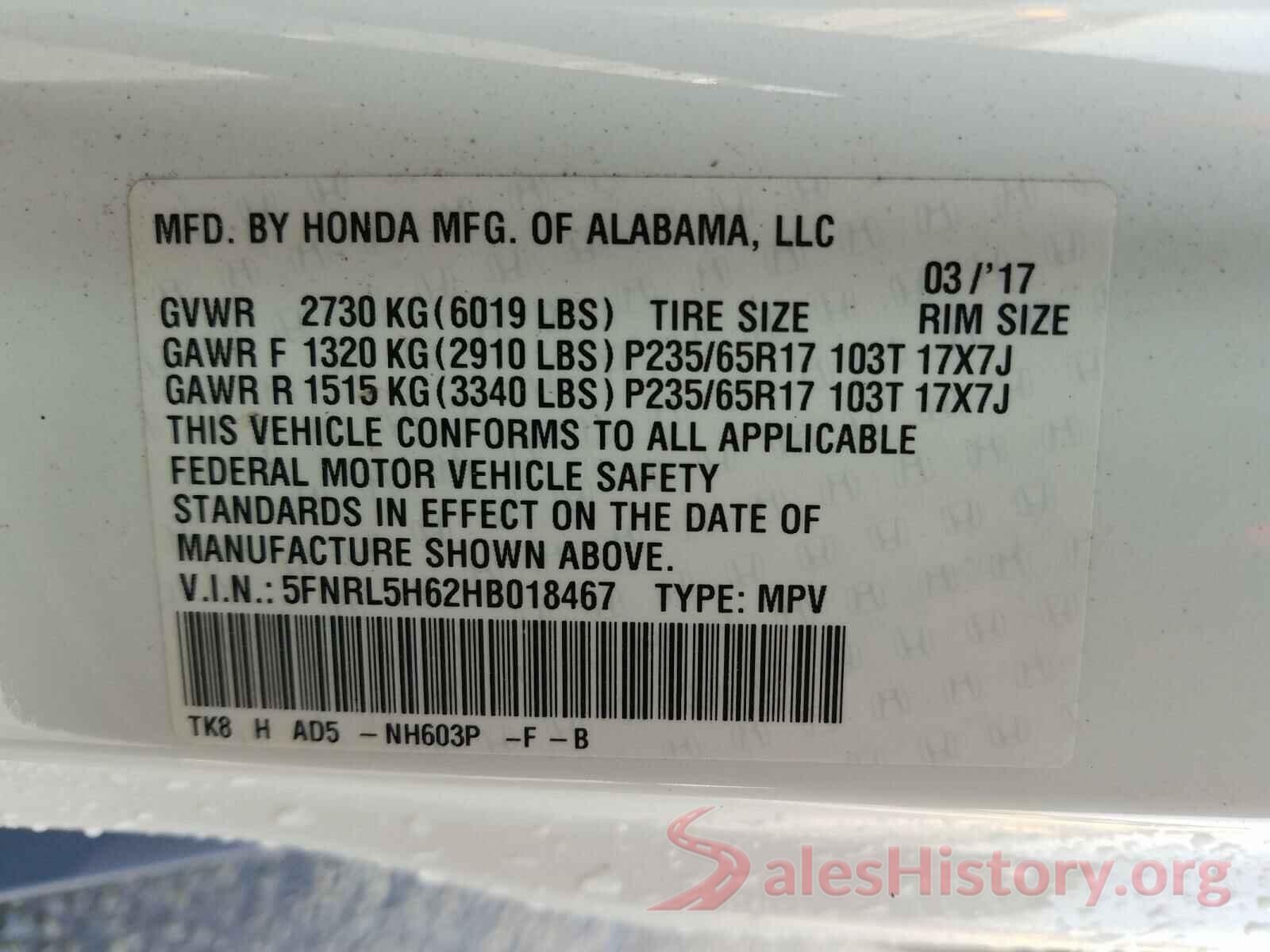 5FNRL5H62HB018467 2017 HONDA ODYSSEY