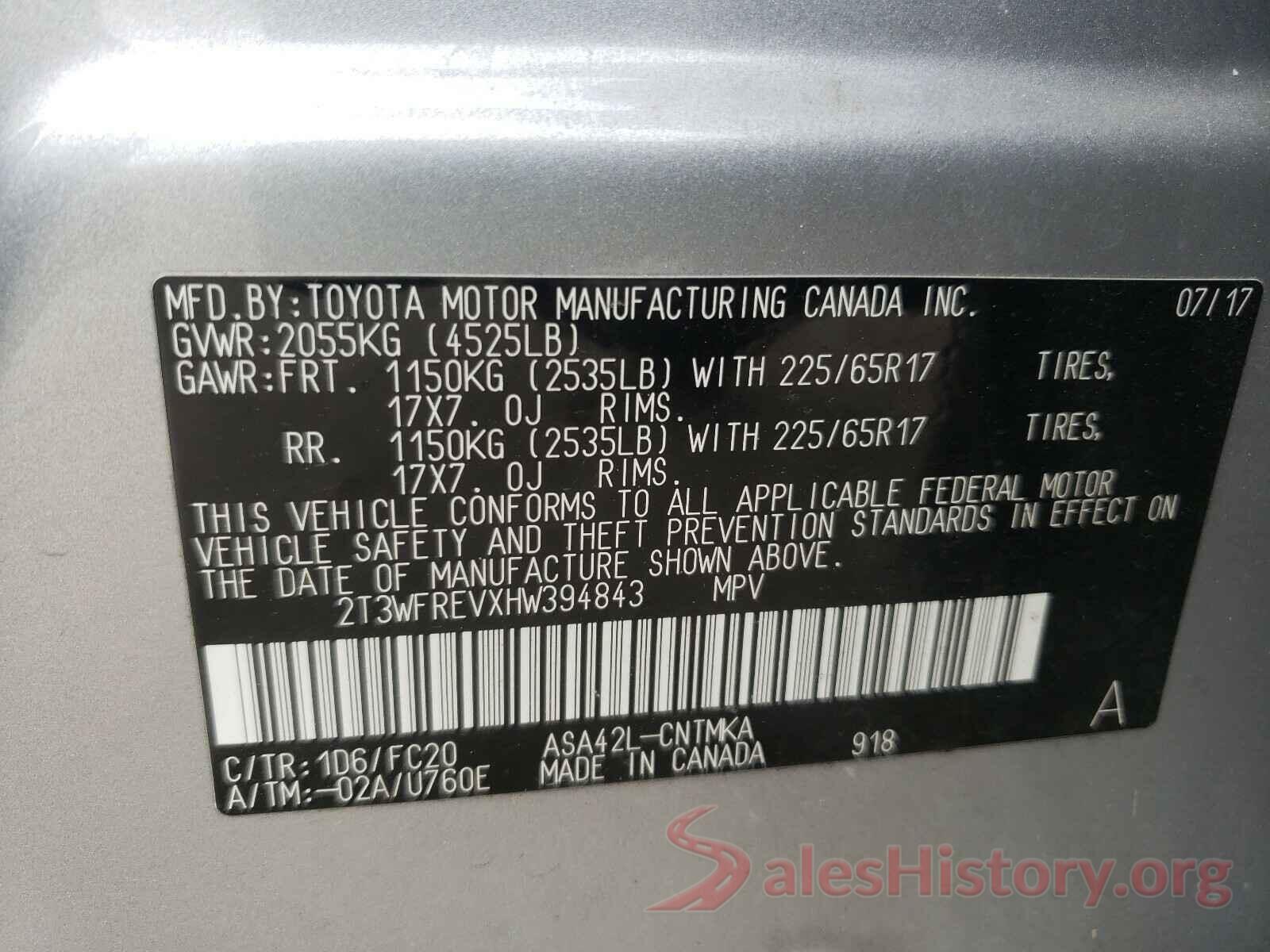 2T3WFREVXHW394843 2017 TOYOTA RAV4