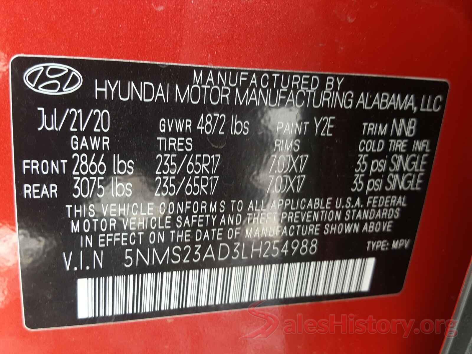 5NMS23AD3LH254988 2020 HYUNDAI SANTA FE