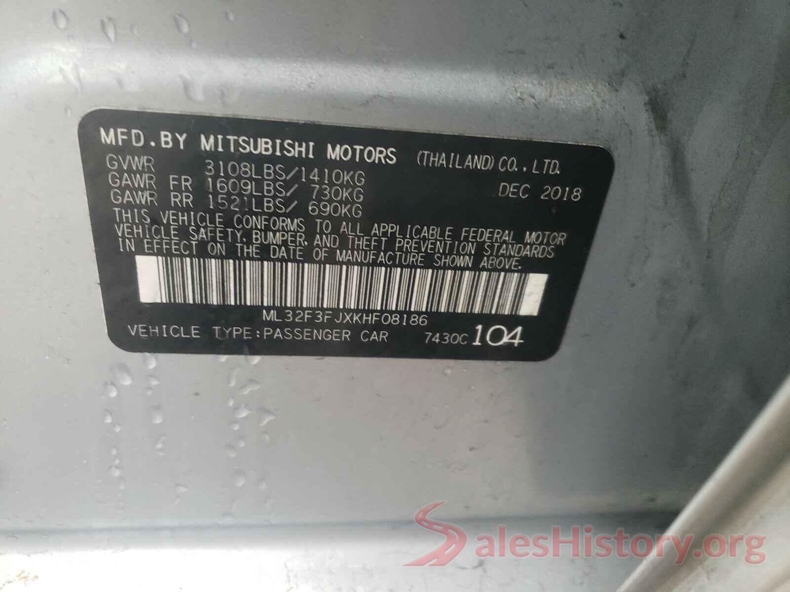 ML32F3FJXKHF08186 2019 MITSUBISHI MIRAGE