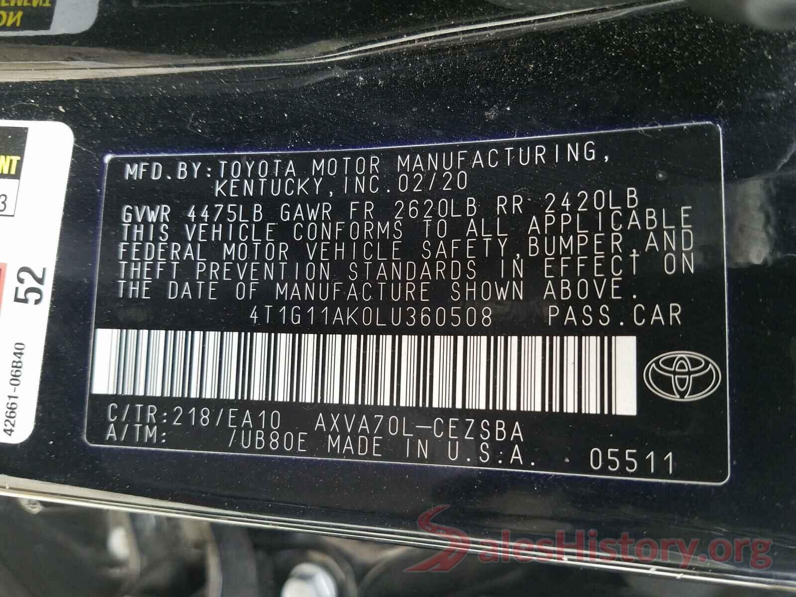 4T1G11AK0LU360508 2020 TOYOTA CAMRY