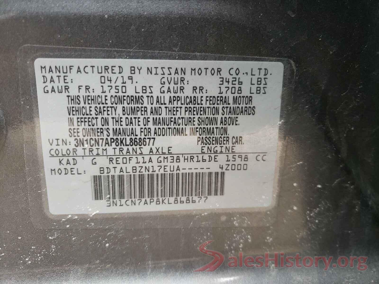 3N1CN7AP8KL868677 2019 NISSAN VERSA