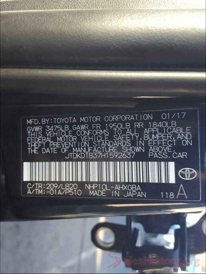 JTDKDTB37H1592637 2017 TOYOTA PRIUS