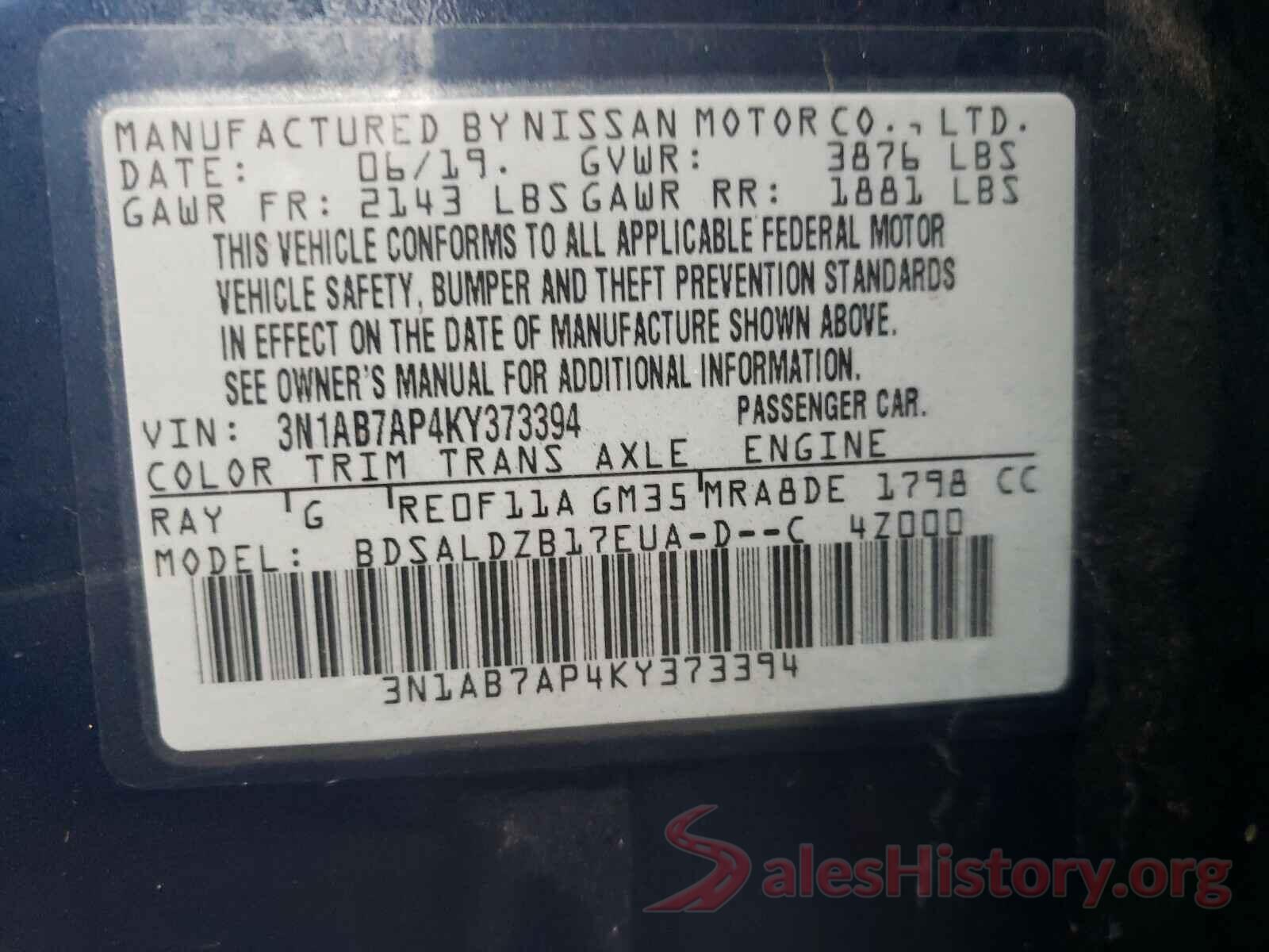 3N1AB7AP4KY373394 2019 NISSAN SENTRA