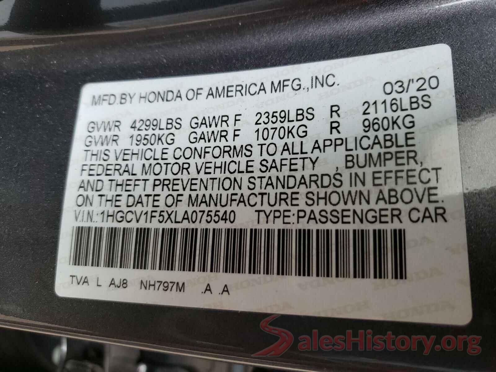 1HGCV1F5XLA075540 2020 HONDA ACCORD