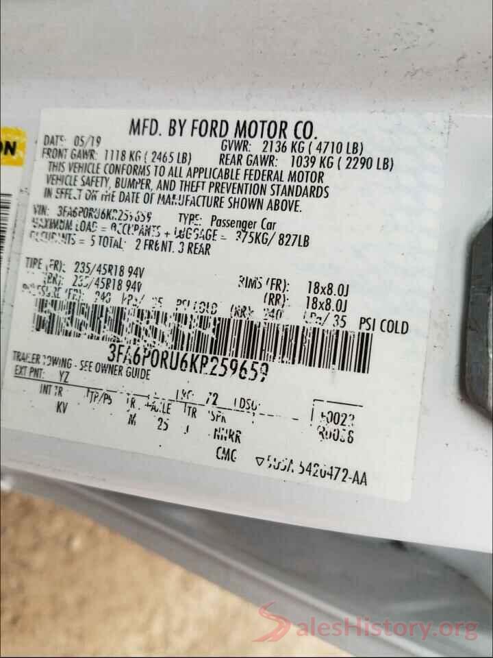 3FA6P0RU6KR259659 2019 FORD FUSION