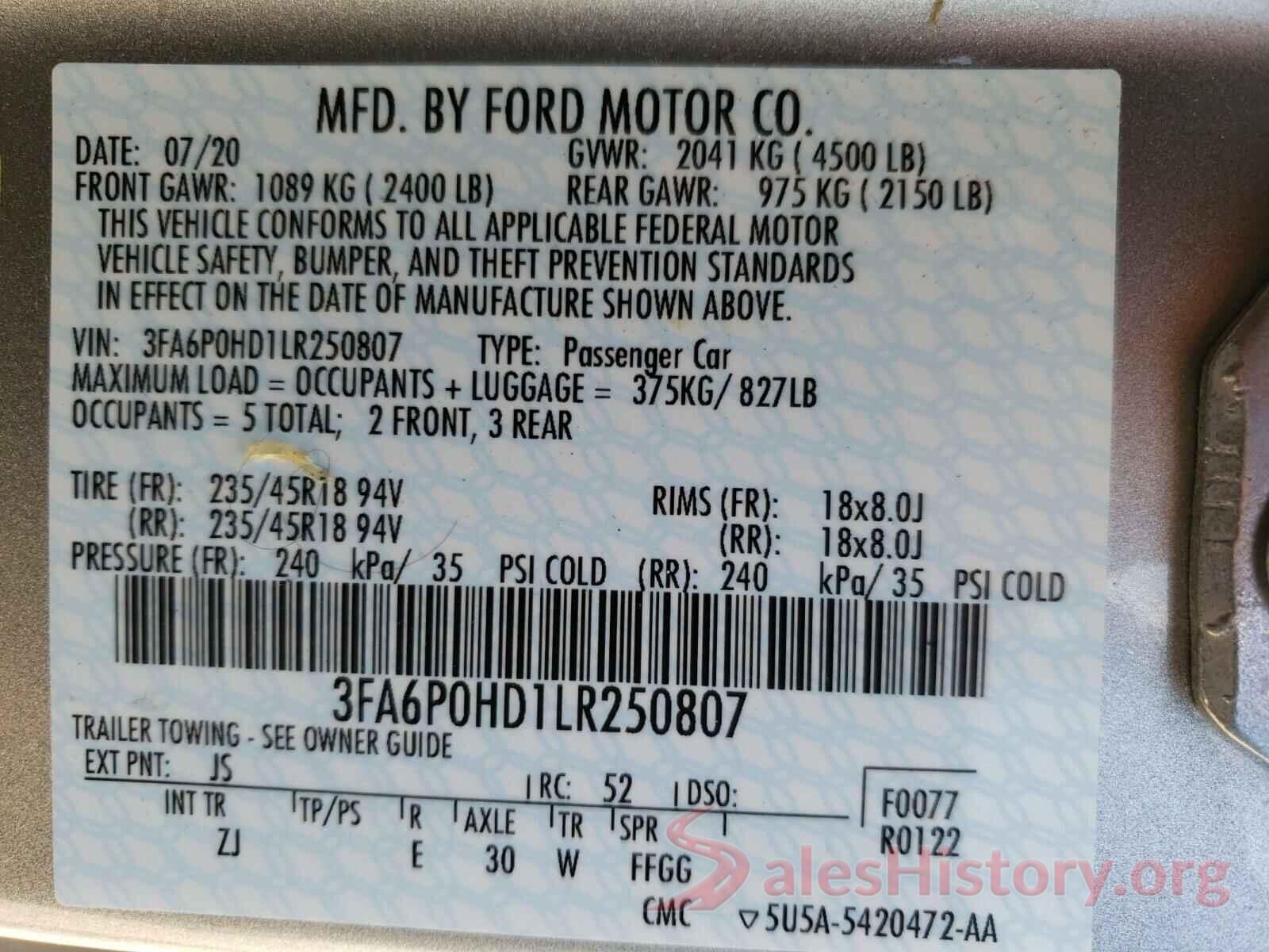 3FA6P0HD1LR250807 2020 FORD FUSION