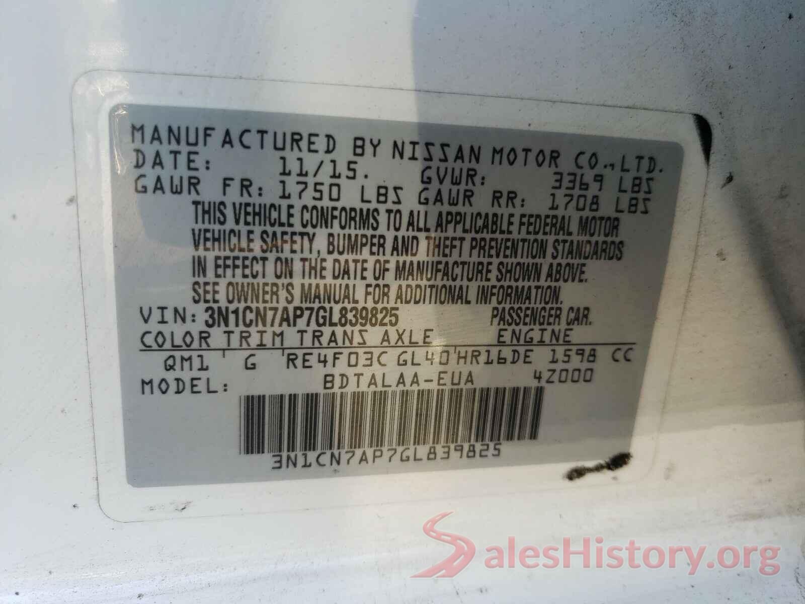 3N1CN7AP7GL839825 2016 NISSAN VERSA