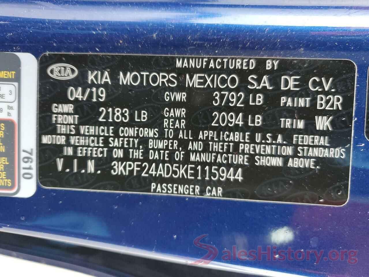 3KPF24AD5KE115944 2019 KIA FORTE