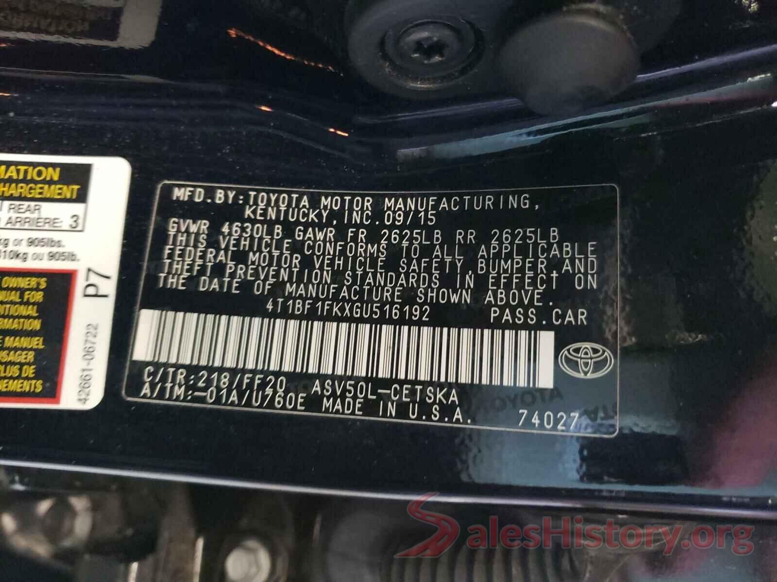 4T1BF1FKXGU516192 2016 TOYOTA CAMRY