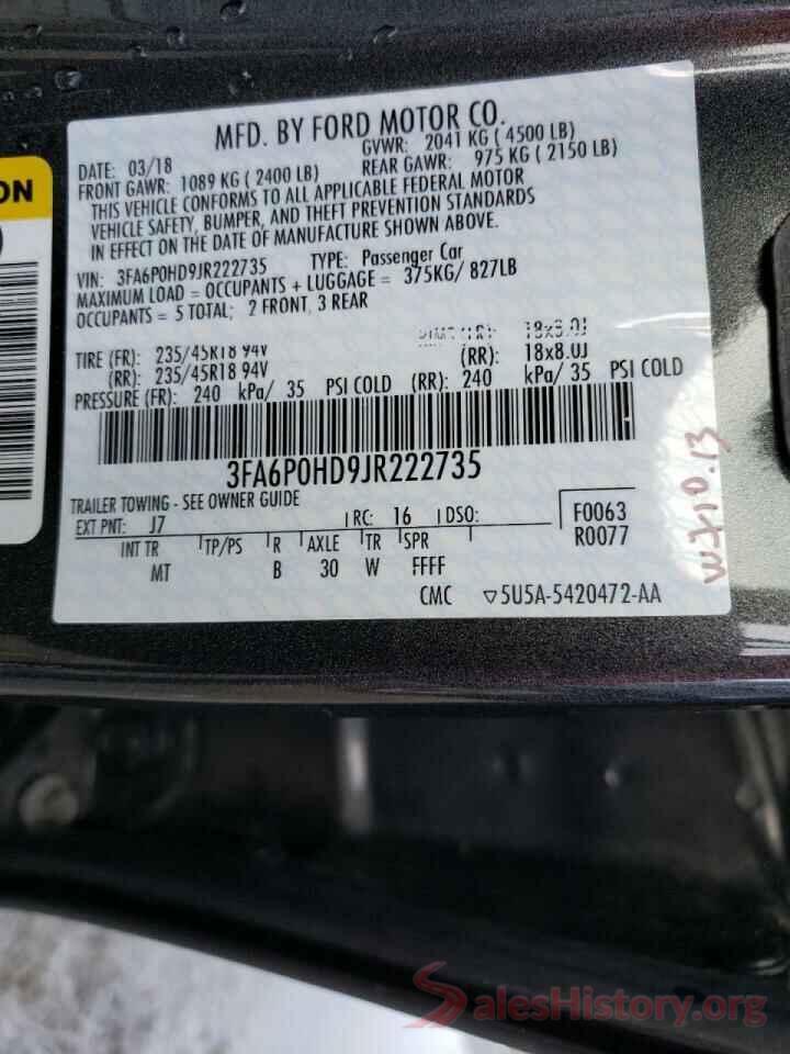 3FA6P0HD9JR222735 2018 FORD FUSION