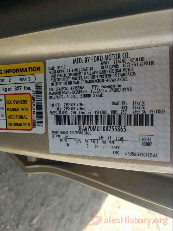 3FA6P0MU1KR255865 2019 FORD FUSION