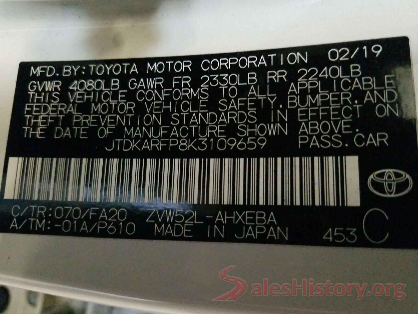 JTDKARFP8K3109659 2019 TOYOTA PRIUS