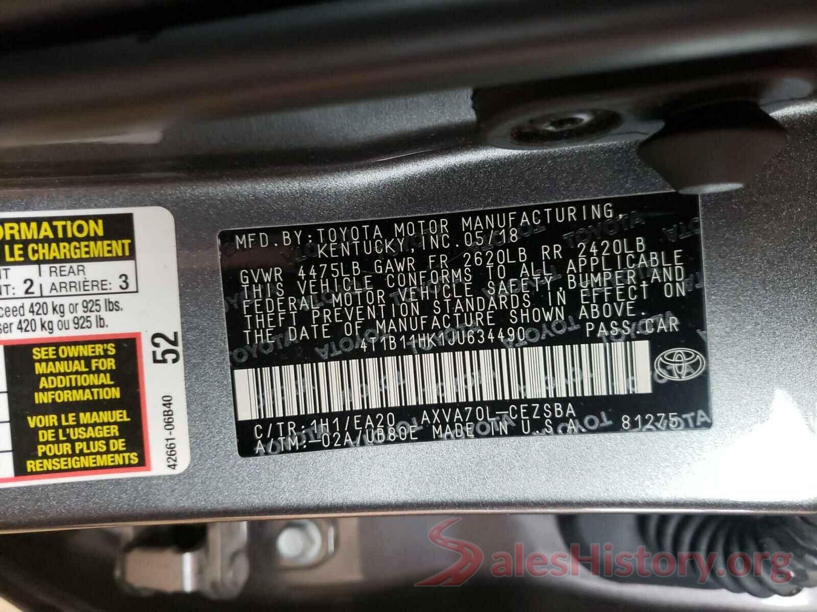 4T1B11HK1JU634490 2018 TOYOTA CAMRY